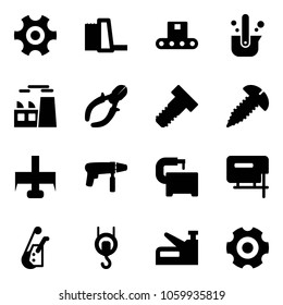 Solid vector icon set - gear vector, water power plant, conveyor, casting of steel, side cutters, bolt, screw, milling cutter, drill machine, tool, jig saw, winch, stapler