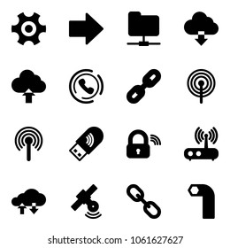 Solid vector icon set - gear vector, right arrow, network folder, download cloud, upload, phone horn, link, antenna, usb wi fi, wireless lock, router, exchange data, satellite, allen key