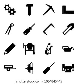 Solid vector icon set - gear vector, work, axe, corner ruler, plumber, screwdriver, staple, tile drill, pencil, cocncrete mixer, winch, oiler, trailer, allen key set, awl, sharpening