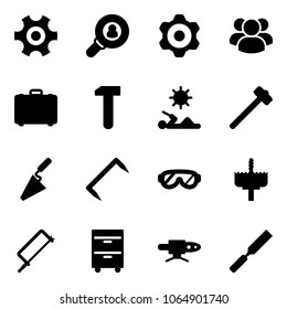 Solid vector icon set - gear vector, head hunter, group, case, work, reading, sledgehammer, trowel, staple, protective glasses, crown drill, metal hacksaw, tool cabinet, pipe welding, rasp