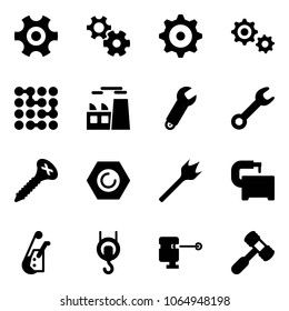 Solid vector icon set - gear vector, circuit, plant, wrench, screw, nut, wood drill, machine tool, winch, laser lever, toy hammer