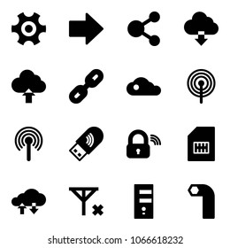 Solid vector icon set - gear vector, right arrow, share, download cloud, upload, link, antenna, usb wi fi, wireless lock, sim, exchange data, no signal, server, allen key