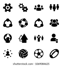 Solid vector icon set - gear vector, group, social, friends, community, man globe, arrow up, team leader, winner, star, volleyball, soccer ball, football