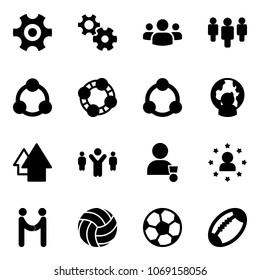 Solid vector icon set - gear vector, group, social, friends, community, man globe, arrow up, team leader, winner, star, agreement, volleyball, soccer ball, football