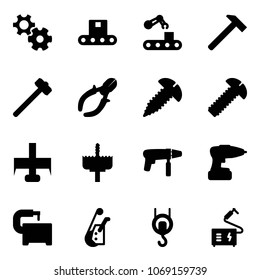 Solid vector icon set - gear vector, conveyor, hammer, sledgehammer, side cutters, screw, milling cutter, crown drill, machine, tool, winch, welding