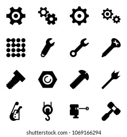 Solid vector icon set - gear vector, circuit, wrench, screw, bolt, nut, wood drill, winch, laser lever, toy hammer