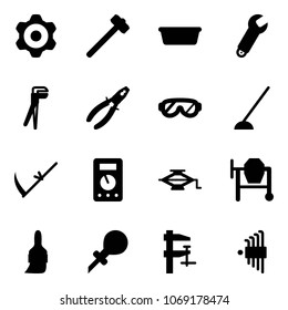 Solid vector icon set - gear vector, sledgehammer, basin, wrench, plumber, pliers, protective glasses, hoe, scythe, multimeter, jack, cocncrete mixer, brush, oiler, clamp, allen key set