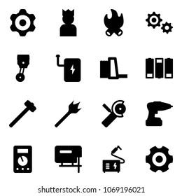 Solid vector icon set - gear vector, king, fire, piston, power bank, water plant, battery, sledgehammer, wood drill, Angular grinder, multimeter, jig saw, welding