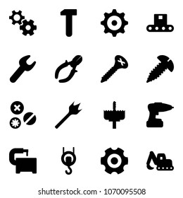 Solid vector icon set - gear vector, work, conveyor, wrench, side cutters, screw, rivet, wood drill, crown, machine tool, winch, excavator toy