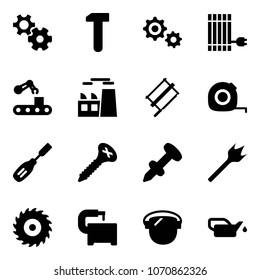 Solid vector icon set - gear vector, work, sun panel, conveyor, plant, bucksaw, measuring tape, chisel, screw, nail dowel, wood drill, saw disk, machine tool, protect glass, oiler