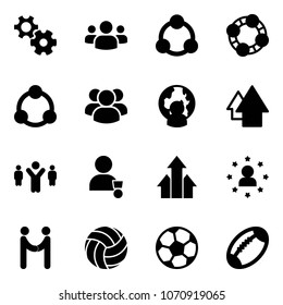 Solid vector icon set - gear vector, group, social, friends, community, man globe, arrow up, team leader, winner, arrows, star, agreement, volleyball, soccer ball, football