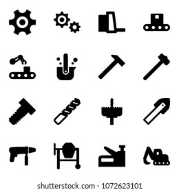 Solid vector icon set - gear vector, water power plant, conveyor, casting of steel, hammer, sledgehammer, bolt, drill, crown, tile, machine, cocncrete mixer, stapler, excavator toy