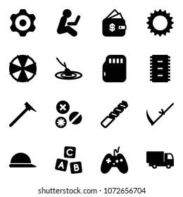 Solid vector icon set - gear vector, finance management, sun, parasol, fishing, micro flash card, chip, mason hammer, rivet, drill, scythe, construction helmet, abc cube, joystick, truck toy