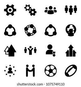 Solid vector icon set - gear vector, group, social, friends, community, man globe, arrow up, team leader, winner, arrows, star, agreement, soccer ball, football