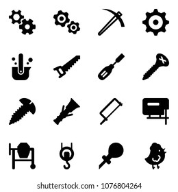 Solid vector icon set - gear vector, gears, job, casting of steel, saw, chisel, screw, dowel, metal hacksaw, jig, cocncrete mixer, winch, oiler, chicken toy