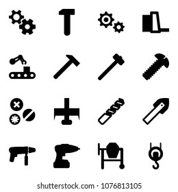 Solid vector icon set - gear vector, work, water power plant, conveyor, hammer, sledgehammer, screw, rivet, milling cutter, drill, tile, machine, cocncrete mixer, winch