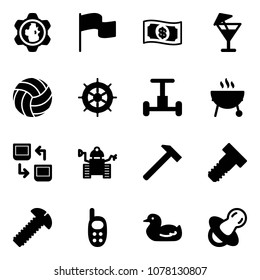 Solid vector icon set - gear globe vector, flag, money, drink, volleyball, hand wheel, gyroscope, grill, data exchange, robot, hammer, bolt, screw, phone toy, duck, soother