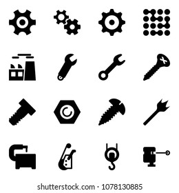 Solid vector icon set - gear vector, circuit, plant, wrench, screw, bolt, nut, wood drill, machine tool, winch, laser lever