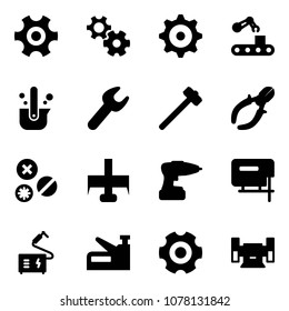 Solid vector icon set - gear vector, conveyor, casting of steel, wrench, sledgehammer, side cutters, rivet, milling cutter, drill, jig saw, welding, stapler, sharpening
