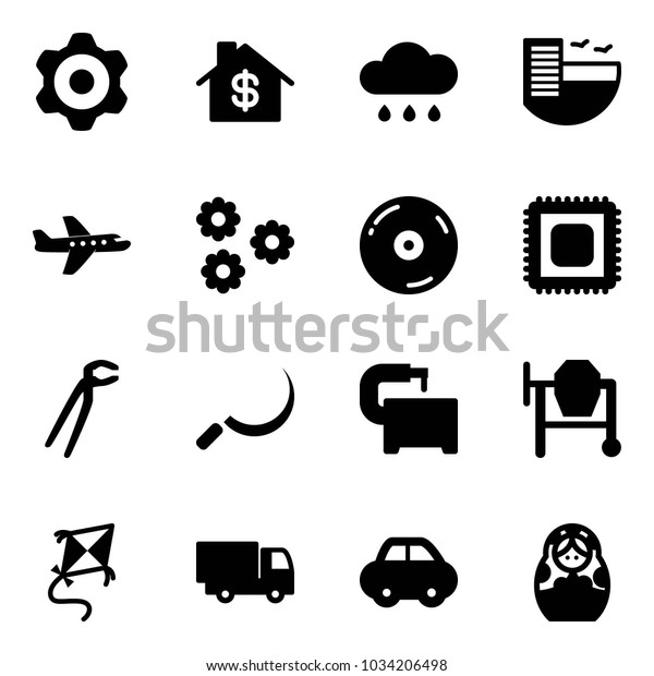Solid vector\
icon set - gear vector, home dollar, rain cloud, hotel, plane,\
flower, cd, cpu, plumber, sickle, machine tool, cocncrete mixer,\
kite, truck toy, car, russian\
doll