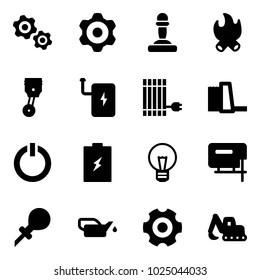Solid vector icon set - gears vector, gear, pawn, fire, piston, power bank, sun panel, water plant, standby button, battery, bulb, jig saw, oiler, excavator toy
