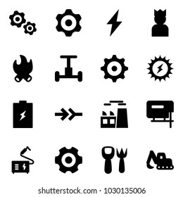 Solid vector icon set - gears vector, gear, lightning, king, fire, gyroscope, sun power, battery, connect, plant, jig saw, welding, shovel fork toy, excavator