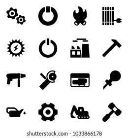 Solid vector icon set - gears vector, standby, fire, sun panel, power, button, plant, hammer, drill machine, Angular grinder, generator, oiler, gear, excavator toy