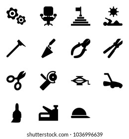 Solid vector icon set - gears vector, office chair, pyramid flag, reading, mason hammer, trowel, side cutters, bolt cutter, scissors, Angular grinder, jack, lawn mower, brush, stapler