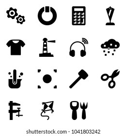 Solid vector icon set - gears vector, standby, calculator, pennant, t shirt, lighthouse, wireless headphones, snow, casting of steel, record button, rubber hammer, scissors, clamp, kite
