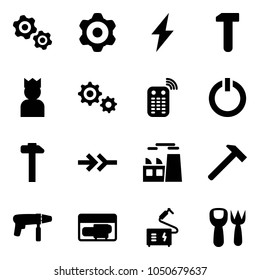 Solid vector icon set - gears vector, gear, lightning, work, king, remote control, standby button, hammer, connect, plant, drill machine, generator, welding, shovel fork toy