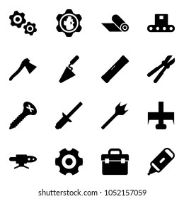 Solid vector icon set - gears vector, gear globe, mat, conveyor, axe, trowel, level, bolt cutter, screw, clinch, wood drill, milling, pipe welding, tool box, marker