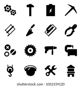 Solid vector icon set - gears vector, hammer, battery, axe, bucksaw, trowel, side cutters, rivet, saw disk, drill machine, tool, winch, protect glass, wrench, toy block house