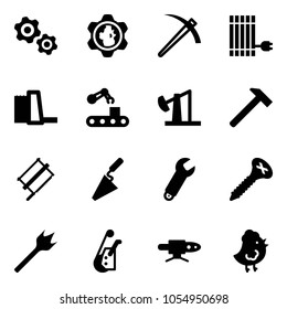 Solid vector icon set - gears vector, gear globe, job, sun panel, water power plant, conveyor, oil derrick, hammer, bucksaw, trowel, wrench, screw, wood drill, winch, pipe welding, chicken toy