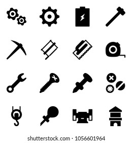 Solid vector icon set - gears vector, gear, battery, sledgehammer, axe, bucksaw, trowel, measuring tape, wrench, screw, nail dowel, rivet, winch, oiler, sharpening, toy block house