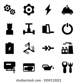 Solid vector icon set - gears vector, gear, lightning, electric car, king, gyroscope, water power plant, standby button, battery, wind mill, connect, jig saw, generator, oiler, shovel fork toy