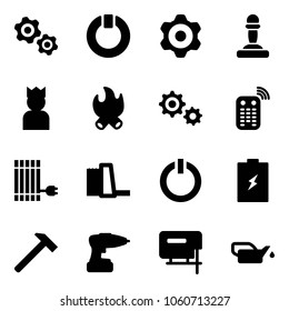 Solid vector icon set - gears vector, standby, gear, pawn, king, fire, remote control, sun panel, water power plant, button, battery, hammer, drill, jig saw, oiler