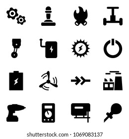 Solid vector icon set - gears vector, pawn, fire, gyroscope, piston, power bank, sun, standby button, battery, wind mill, connect, plant, drill, multimeter, jig saw, oiler