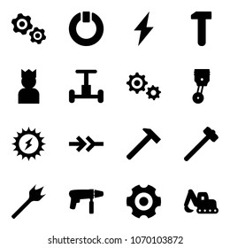 Solid vector icon set - gears vector, standby, lightning, work, king, gyroscope, gear, piston, sun power, connect, hammer, sledgehammer, wood drill, machine, excavator toy