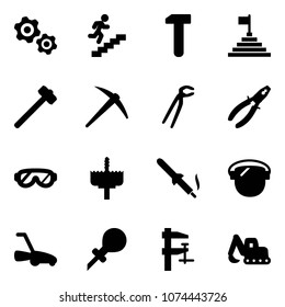 Solid vector icon set - gears vector, career, work, pyramid flag, sledgehammer, axe, plumber, pliers, protective glasses, crown drill, soldering iron, protect glass, lawn mower, oiler, clamp