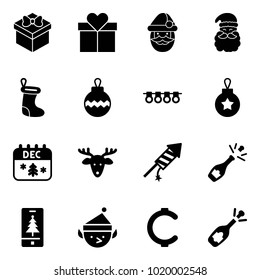 Solid vector icon set - gift vector, santa claus, christmas sock, ball, garland, calendar, deer, firework rocket, champagne, mobile, elf, cent, fizz opening
