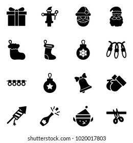 Solid vector icon set - gift vector, santa claus, christmas sock, ball, garland, bell, gloves, firework rocket, champagne, elf, opening