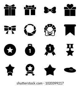 Solid vector icon set - gift vector, bow, christmas wreath, flag, star medal, gold, woman hat
