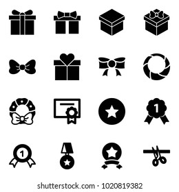 Solid vector icon set - gift vector, bow, christmas wreath, certificate, star medal, gold, opening