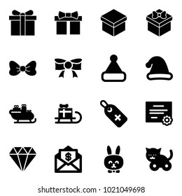 Solid vector icon set - gift vector, bow, christmas hat, santa sleigh, medical label, certificate, diamond, mail dollar, toy rabbit, cat