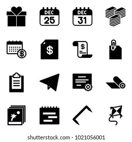 Solid vector icon set - gift vector, 25 dec calendar, 31, big cash, account statement, history, attachment, clipboard, paper fly, certificate, mat, photo, terms plan, staple, kite
