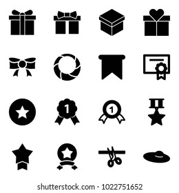 Solid vector icon set - gift vector, bow, christmas wreath, flag, certificate, star medal, gold, opening, woman hat