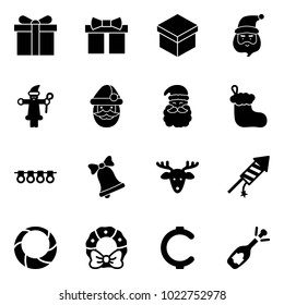 Solid vector icon set - gift vector, santa claus, christmas sock, garland, bell, deer, firework rocket, wreath, cent, fizz opening