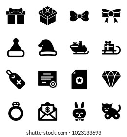Solid vector icon set - gift vector, bow, christmas hat, santa sleigh, medical label, certificate, diamond, ring, mail dollar, toy rabbit, cat