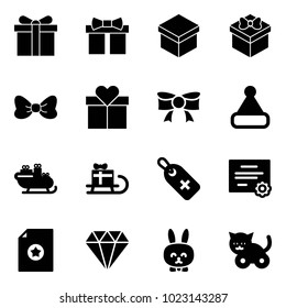 Solid vector icon set - gift vector, bow, christmas hat, santa sleigh, medical label, certificate, diamond, toy rabbit, cat