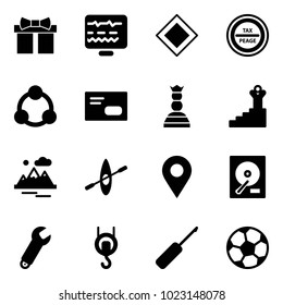 Solid vector icon set - gift vector, diagnostic monitor, main road sign, tax peage, social, envelope, chess queen, success, mountains, kayak, navigation pin, hdd, wrench, winch, awl, soccer ball